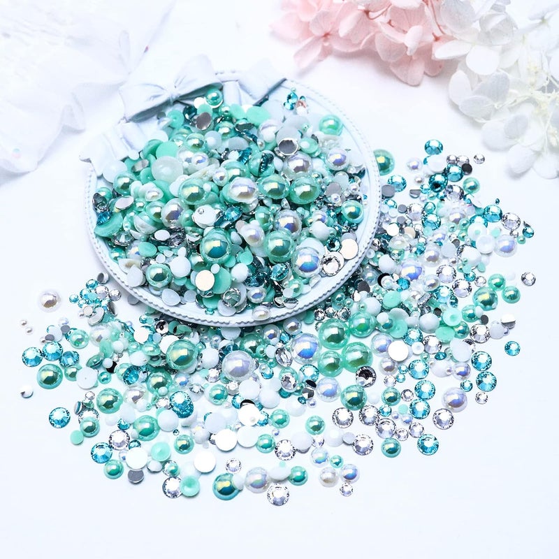 Towenm 60g Mixed Flatback Pearls and Rhinestones for Crafts, Tumblers, Shoes, Face Nail Art, 2mm-10mm Half Pearls and Flatback Rhinestones for Bedazzling, Aquamarine|White - Image 3